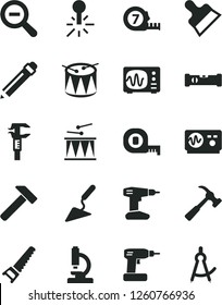 Solid Black Vector Icon Set - graphite pencil vector, zoom out, drumroll, drum, building trowel, cordless drill, hand saw, measuring tape, long meashuring, construction level, putty knife, hammer