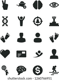 Solid Black Vector Icon Set - woman vector, footprints, children's tracks, garden trolley, heart, eye, pass card, man, in sight, dollar, dna, brain, winner podium, hold world, hands up, victory hand