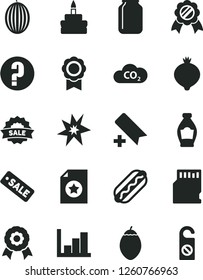 Solid Black Vector Icon Set - add bookmark vector, negative histogram, question, Hot Dog, birthday cake, bottle, medlar, melon, tamarillo, CO2, jar, season sale, sd card, medal, bang, do not distrub