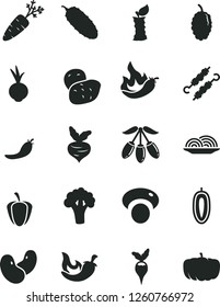 Solid Black Vector Icon Set - onion vector, meat on skewers, cucumber, chili, beet, mulberry, goji berry, sweet date fruit, apple stub, ripe pepper, red, hot, potato, carrot, beans, mashroom, radish