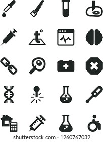 Solid Black Vector Icon Set - mark of injury vector, spectacles, electronic thermometer e, bag a paramedic, arm saw, estimate, temperature, cardiogram, flask, mercury, test tube, dna, brain, pipette