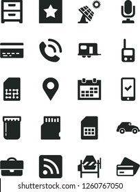 Solid Black Vector Icon Set - desktop microphone vector, calendar, bank card, rss feed, toy phone, concrete mixer, nightstand, call, jam, big solar panel, retro car, SIM, location, portfolio, sd