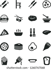 Solid Black Vector Icon Set - plates and spoons vector, a chair for feeding, iron fork, pizza, piece of, mini hot dog, burger, spaghetti, porridge, grill chicken leg, chop, barbecue, meat on skewers
