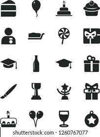 Solid Black Vector Icon Set - tassel vector, colored air balloons, balloon, birthday cake, gift, square academic hat, muffin, piece of, slice, torte, lollipop, glass, bottle, giftbox, gold cup, star