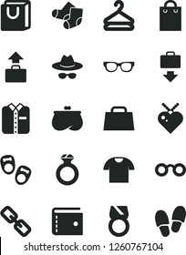 Solid Black Vector Icon Set - purse vector, spectacles, hat with glasses, Knitted Socks, shoes for little children, bag handles, T shirt, folded, hanger, hand, diamond ring, gold, baggage, getting