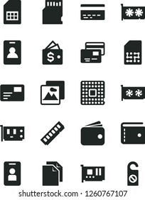 Solid Black Vector Icon Set - bank card vector, purse, clean paper, picture, pass, cards, processor, SIM, wallet, memory, pc, gpu, sd, identity, access, do not distrub