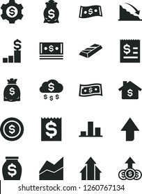 Solid Black Vector Icon Set - upward direction vector, line chart, recession, article on the dollar, financial item, money, dollars, cash, growth arrows, gold bar, rain, coin, mortgage, pedestal