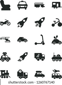 Solid Black Vector Icon Set - Baby chair vector, motor vehicle present, toy train, tricycle, child Kick scooter, car, delivery, environmentally friendly transport, retro, rocket, space, Express, bus