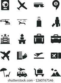 Solid Black Vector Icon Set - suitcase vector, case, sand castle, helicopter, dollar pin, plane, bus, passenger, rolling, passport, ticket, departure, hotel, beach, arnchair under umbrella, baggage