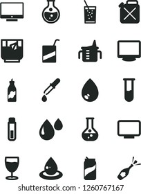 Solid Black Vector Icon Set - measuring cup for feeding vector, e, drop, screen, a glass of soda, tea, can, liquor, round flask, canister, oil, monitor, test tube, pipette, champagne