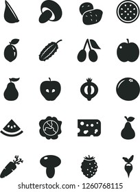 Solid Black Vector Icon Set - piece of cheese vector, mushroom, porcini, garlic, carrot, pear, apple, squash, tasty, cornels, half medlar, raspberry, passion fruit, sour lime, grapefruit, ripe guava