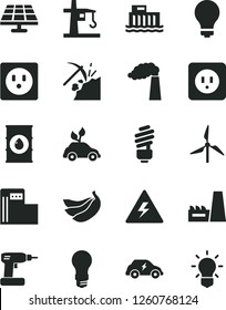 Solid Black Vector Icon Set - danger of electricity vector, matte light bulb, cordless drill, saving, power socket type b, bananas, solar panel, coal mining, modern gas station, windmill, oil