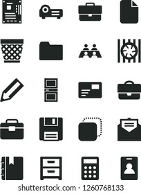 Solid Black Vector Icon Set - briefcase vector, wicker pot, folder, portfolio, interroom door, received letter, notebook, nightstand, pass card, copy, pencil, calculator, conversation, radiator fan