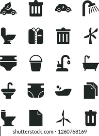 Solid Black Vector Icon Set - bin vector, clean sheet of paper, diaper, nappy, children's bathroom, bucket, washbasin, toilet, comfortable, bath, shower, kitchen faucet, dust, folded shirt, windmill