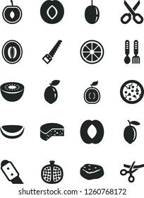 Solid Black Vector Icon Set - scissors vector, iron fork spoons, arm saw, knife, cheese, pizza, piece of meat, half pomegranate, plum, peach, melon, cherry, passion fruit, lemon, juicy, kiwi, guawa