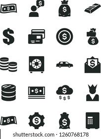 Solid Black Vector Icon Set - dollar vector, strongbox, cards, coins, column of, dollars, cash, gold bar, money bag hand, rain, coin, gear, king, limousine, mail, dialog, safe