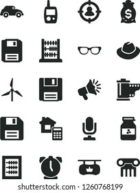 Solid Black Vector Icon Set - desktop microphone vector, floppy disk, hat, camera roll, new abacus, toy mobile phone, estimate, alarm clock, jar of jam, windmill, retro car, man in sight, glasses