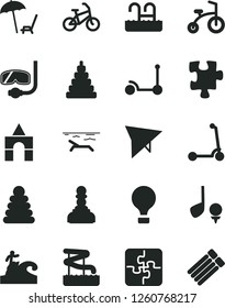 Solid Black Vector Icon Set - stacking rings vector, toy, box of bricks, child bicycle, Kick scooter, Puzzle, Puzzles, pawn, air balloon, hang glider, bike, beach, arnchair under umbrella, pool