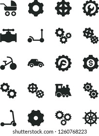 Solid Black Vector Icon Set - truck lorry vector, baby carriage, children's train, tricycle, Kick scooter, child, gears, cogwheel, gear, star, valve, retro car, three, dollar, handwheel