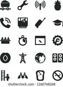 Solid Black Vector Icon Set - star gear vector, square academic hat, a glass of tea, sandwich, plum, ripe pineapple, power line, trolley with coal, court hearing, phone call, conversation, browser