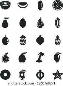 Solid Black Vector Icon Set - a pineapple vector, medlar, half of, mango, loquat, date fruit, passion, sweet, kiwi, tamarillo, guawa, piece coconut, slice, ripe guava, part, palm tree, starfish