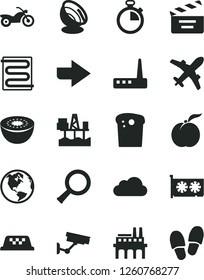 Solid Black Vector Icon Set - stopwatch vector, right direction, movie cracker, heating coil, Easter cake, ripe peach, kiwi, commercial seaport, industrial enterprise, gpu card, router, cloud, zoom