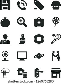 Solid Black Vector Icon Set - monitor vector, zoom, remove label, medical bag, builder, plastic brush, door knob, estimate, phone call, cake, lollipop, pomegranate, floppy, settings, saturn, cup