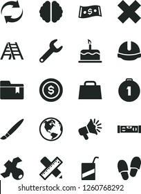Solid Black Vector Icon Set - tassel vector, renewal, cross, folder bookmark, e, ladder, building level, writing accessories, construction helmet, cake, repair key, dollar, loudspeaker, hand bag