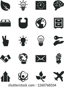Solid Black Vector Icon Set - sign of the planet vector, envelope, bedside table, bib, saving light bulb, building block, leaves, leaf, handclasp, black clock, atom, brain, globe, growth arrows