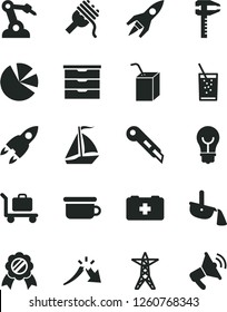 Solid Black Vector Icon Set - storage unit vector, bag of a paramedic, packing juice with straw, children's potty, stationery knife, bulb, spaghetti, glass soda, power line, robot welder, calipers