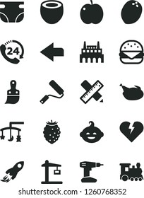 Solid Black Vector Icon Set - left direction vector, toys over the cradle, nappy, funny hairdo, drill, new roller, plastic brush, writing accessories, broken heart, 24, big burger, chicken, apple