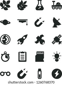Solid Black Vector Icon Set - planet vector, magnet, rocket, sd card, flask, test tube, glasses, bulb, satellite, graduate hat, clipboard, earth core, antenna, lunar rover, biology, stopwatch