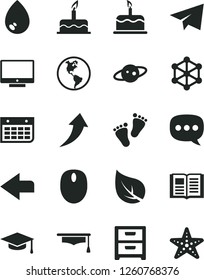 Solid Black Vector Icon Set - left direction vector, paper airplane, footprints, cake, book, drop, screen, nightstand, leaf, planet Earth, wall calendar, speech, mouse, graduate hat, saturn, 3d cube