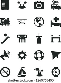 Solid Black Vector Icon Set - earth vector, train, sail boat, hang glider, airport tower, escalator, rope barrier, beach, sun, palm tree, hospital bed, camera, transfer, safe, no smoking sign