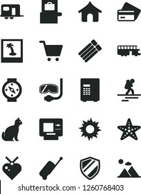 Solid Black Vector Icon Set - camper vector, bus, backpacker, baggage scanner, rolling case, atm, credit card, boungalow, sun, starfish, diving mask, photo, pets, safe, shield, cart, heart pendant