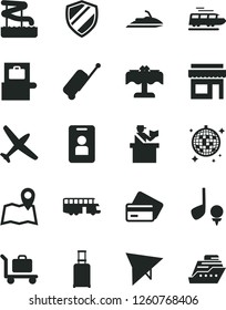 Solid Black Vector Icon Set - plane vector, train, bus, hang glider, rolling suitcase, baggage scanner, passort control, case, credit card, disco ball, aquapark, restaurant, map, access, shield