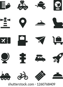 Solid Black Vector Icon Set - Baby chair vector, motor vehicle present, garden trolley, globe, lighthouse, location, lunar rover, paper plane, rocket, car baggage, bike, scanner, passport, ticket
