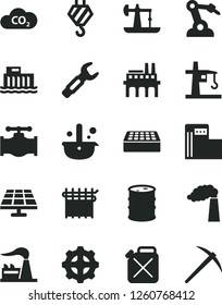 Solid Black Vector Icon Set - hook vector, brick, solar panel, oil derrick, modern gas station, valve, manufacture, factory, barrel, hydroelectric, industrial enterprise, gear, canister, tower crane