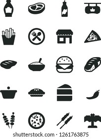 Solid Black Vector Icon Set - fried vegetables on sticks vector, pizza, piece of, big burger, cake, pie, a bowl rice porridge, bacon, chop, barbecue, French fries, sushi, bottle, liquor, red pepper