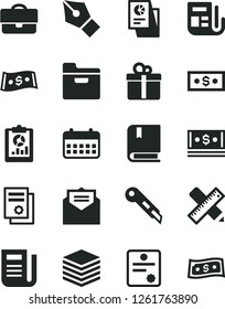 Solid Black Vector Icon Set - vector e, writing accessories, stationery knife, received letter, pile, folder, gift, portfolio, statistical overview, cash, dollar, research, scientific publication