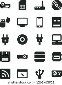 Solid Black Vector Icon Set - camera vector, rss feed, CD, smartphone, plug, electric, SIM card, computer, monitor, usb, router, scanner, flash, browser, floppy, projector, big data, oscilloscope