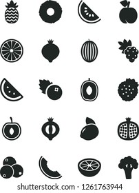 Solid Black Vector Icon Set - blueberries vector, strawberries, orange slice, peach, half pomegranate, grape, medlar, of, melon, water, delicious plum, cherry, yellow lemon, pineapple, grapefruit