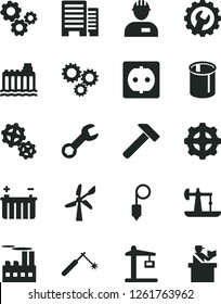 Solid Black Vector Icon Set - workman vector, buildings, plummet, gear, hammer, oil derrick, wind energy, battery, hydroelectricity, power socket, industrial building, gears, Construction crane