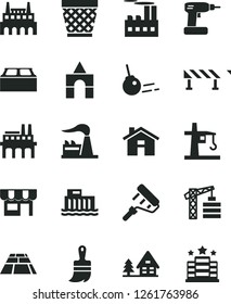 Solid Black Vector Icon Set - house vector, wicker pot, box of bricks, tower crane, cordless drill, paint roller, wooden brush, building block, paving slab, road fence, core, kiosk, factory, forest