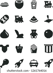 Solid Black Vector Icon Set - Child T shirt vector, car seat, tumbler, small teddy bear, baby toy train, children's, yule, onion, chicken leg, cabbage, peper, fried potato slices, cup of popcorn