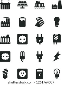 Solid Black Vector Icon Set - saving light bulb vector, power socket type b, f, lightning, charge level, charging battery, solar panel, hydroelectric station, hydroelectricity, plug, electric, sun