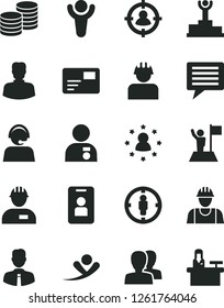 Solid Black Vector Icon Set - image of thought vector, women, builder, workman, employee, pass card, coins, woman, man in sight, goal, operator, winner, podium, with medal, flag, stars around