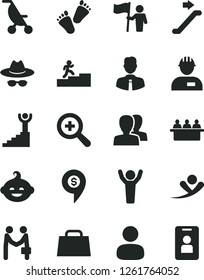 Solid Black Vector Icon Set - zoom vector, women, hat with glasses, summer stroller, funny hairdo, children's tracks, workman, employee, court hearing, man, hand bag, carrer stairway, winner, flying