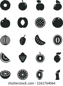 Solid Black Vector Icon Set - strawberry vector, peach, pomegranate, quince, tasty mulberry, water melon, slice of, half mango, tangerine, plum, cherry, yellow lemon, passion fruit, orange