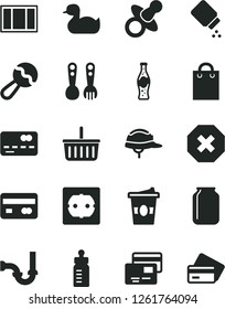 Solid Black Vector Icon Set - mark of injury vector, grocery basket, dummy, feeding bottle, baby powder, beanbag, rubber duck, plastic fork spoons, window frame, sewerage, power socket type f, cards